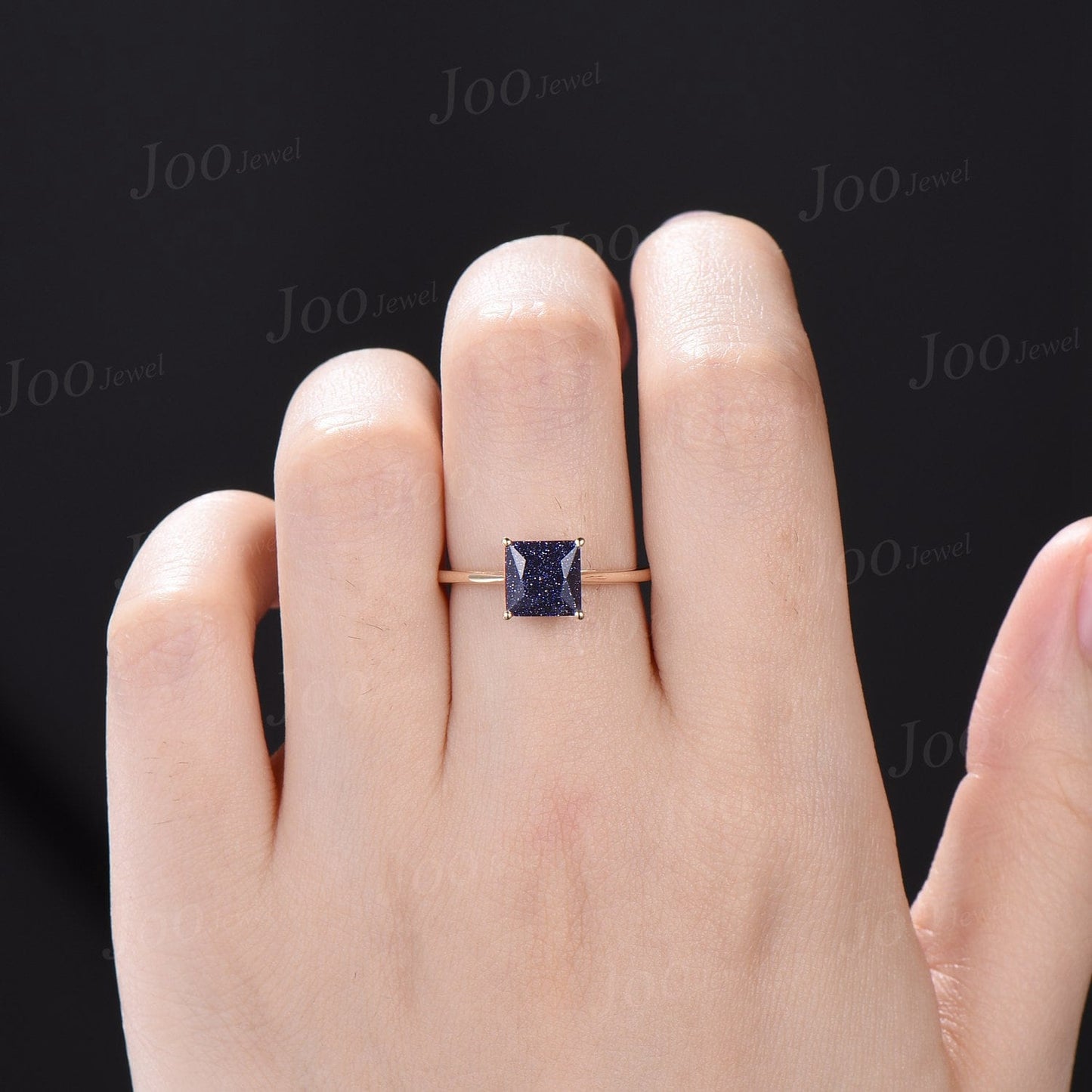 Princess Cut Galaxy Starry Sky Blue Sandstone Engagement Ring Delicate Blue Goldstone Simple Solitaire Wedding Rings Unique Anniversary Gift