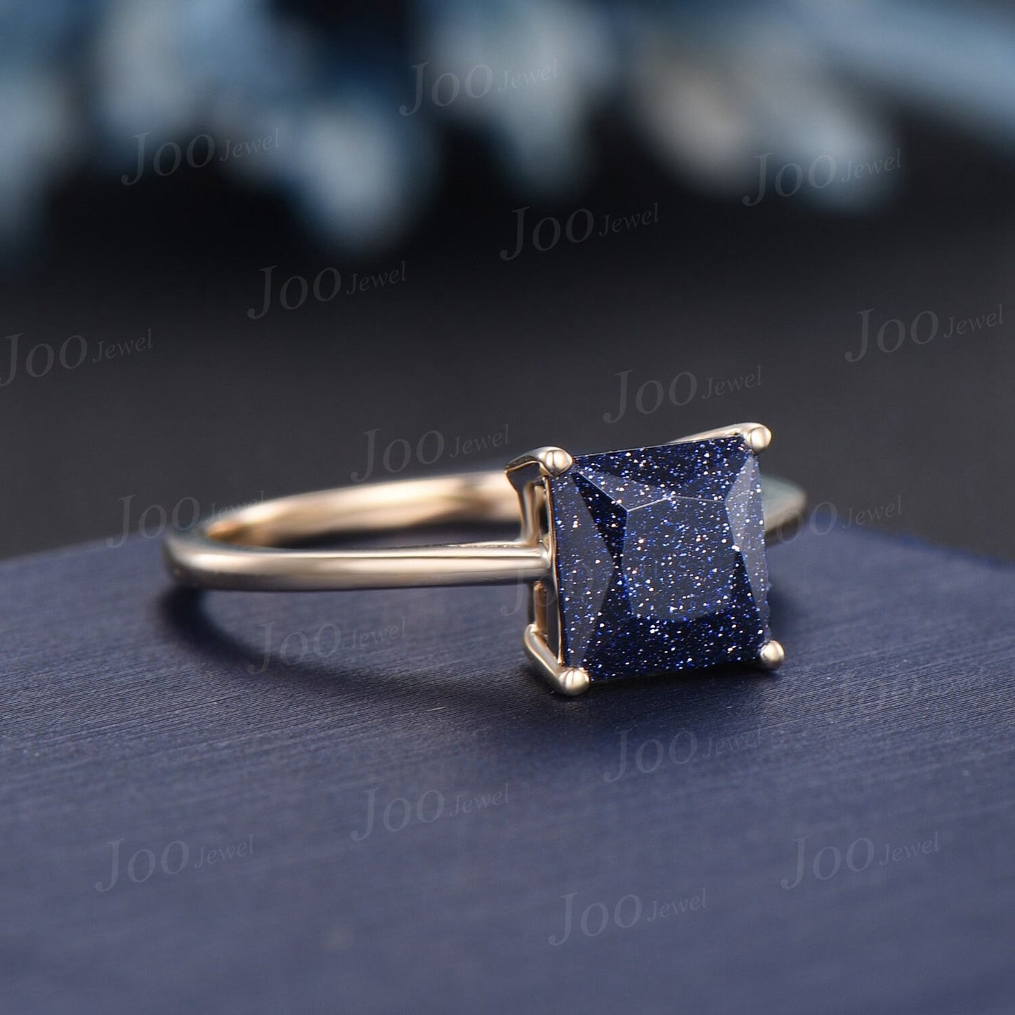 Princess Cut Galaxy Starry Sky Blue Sandstone Engagement Ring Delicate Blue Goldstone Simple Solitaire Wedding Rings Unique Anniversary Gift