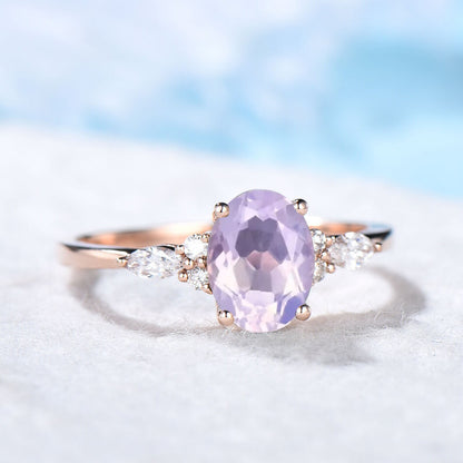 Vintage 1.5ct Natural Oval Lavender Amethyst Wedding Ring Rose Gold Promise Ring Alternative Engagement Ring for Women Purple Gemstone Gifts