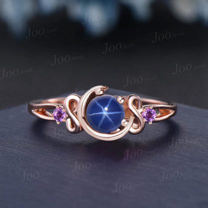 5mm Round Star Sapphire Moon Engagement Ring Amethyst Infinity Wedding Ring Split Shank Band Unique Personalized Anniversary/Promise Ring