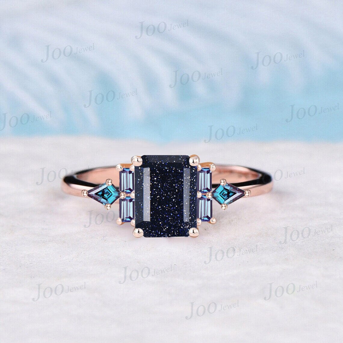 2CT Emerald Cut Galaxy Starry Sky Blue Sandstone Engagement Ring Blue Goldstone Wedding Ring Art Deco Baguette Kite Alexandrite Promise Ring