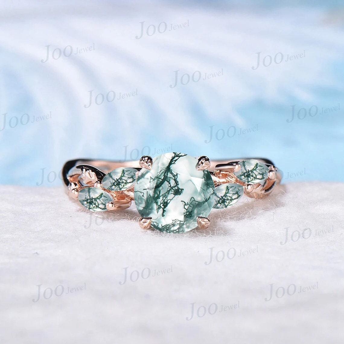 1.2ct Round Natural Moss Agate Ring Leaf Branch Design Moss Engagement Rings Twist Infinity Wedding Ring Green Agate Ring Anniversary Gifts