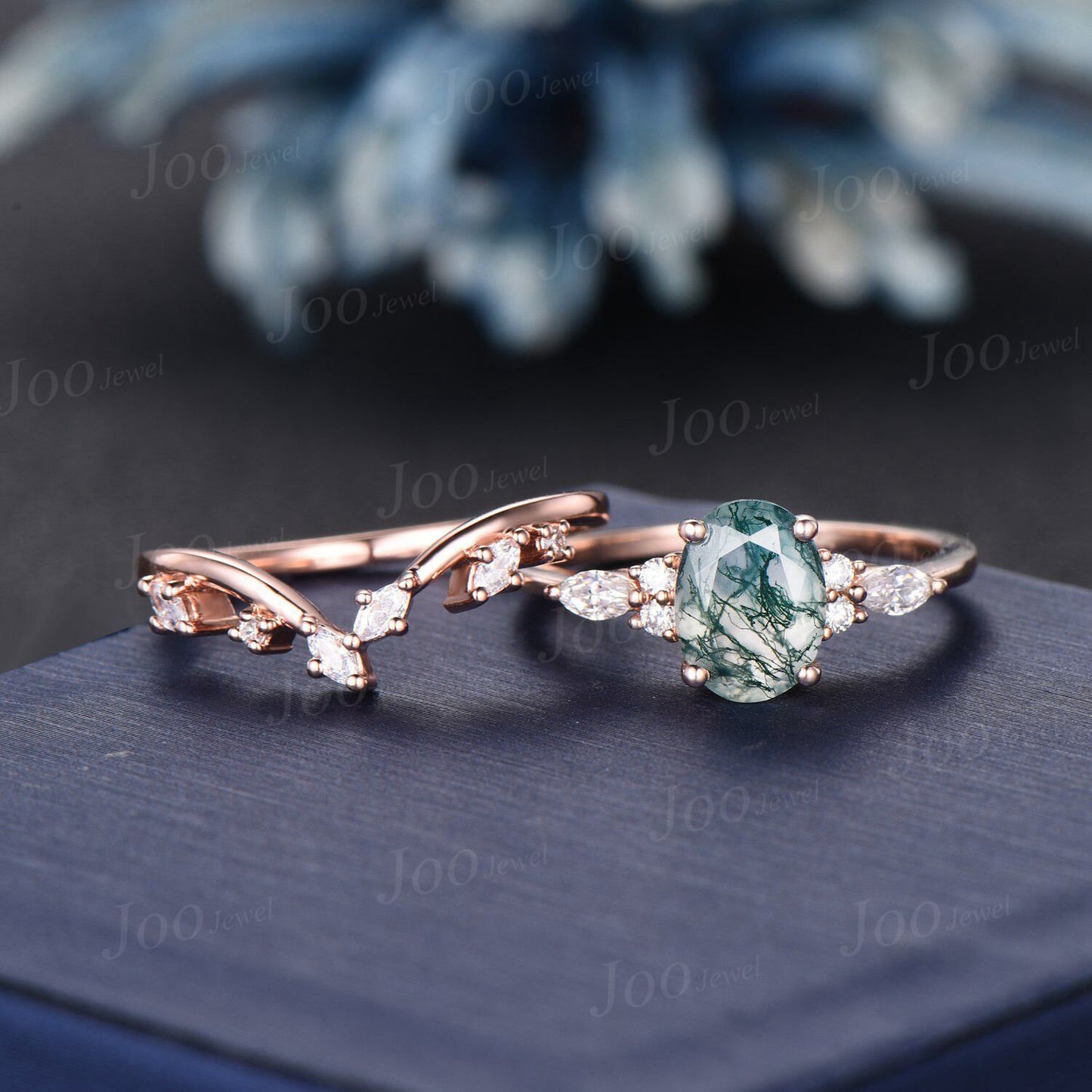 1.5ct Oval Natural Moss Agate Engagement Rings Set Rose Gold Cluster Aquatic Agate Bridal Ring Marquise Leaf Moissanite Nature Wedding Rings