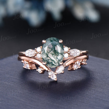 1.5ct Oval Natural Moss Agate Engagement Rings Set Rose Gold Cluster Aquatic Agate Bridal Ring Marquise Leaf Moissanite Nature Wedding Rings
