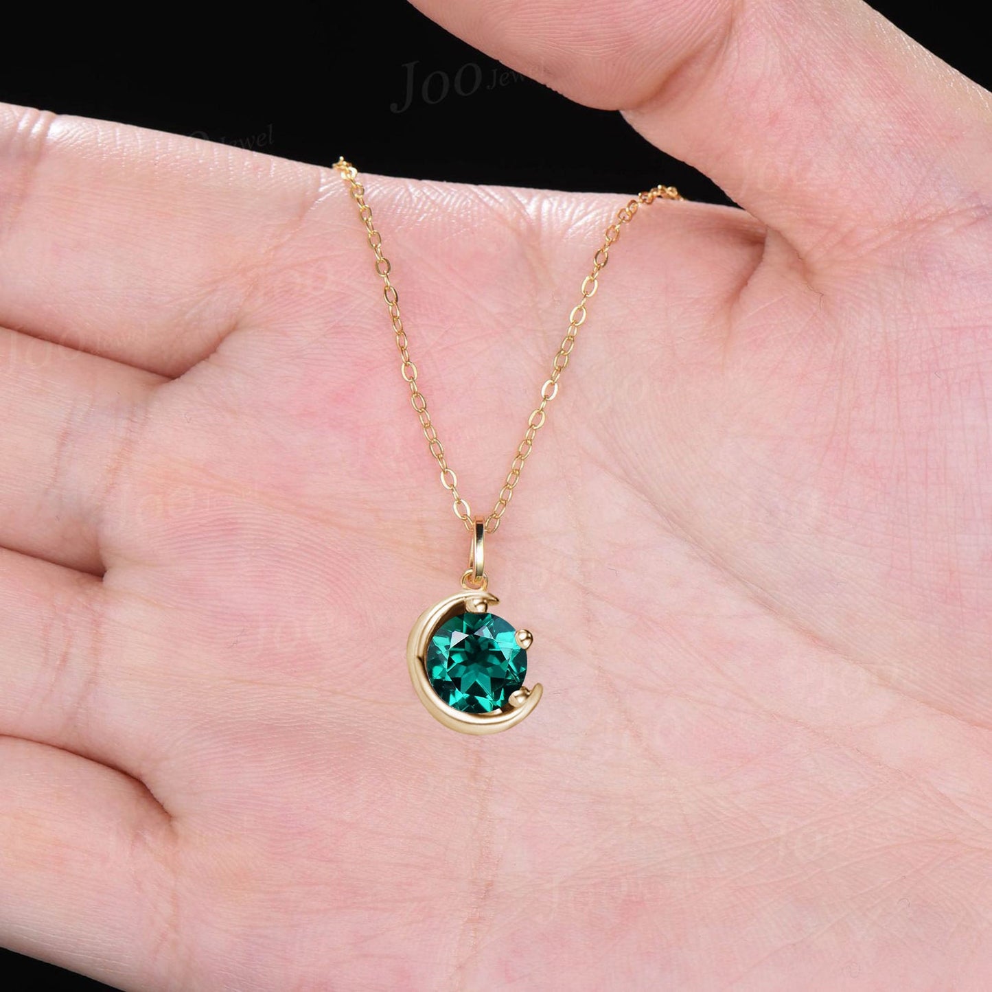 1ct Round Green Emerald Pendant Necklace Sterling Silver/14K Yellow Gold May Birthstone Gemstone Necklace Half Moon Emerald Chain Necklaces