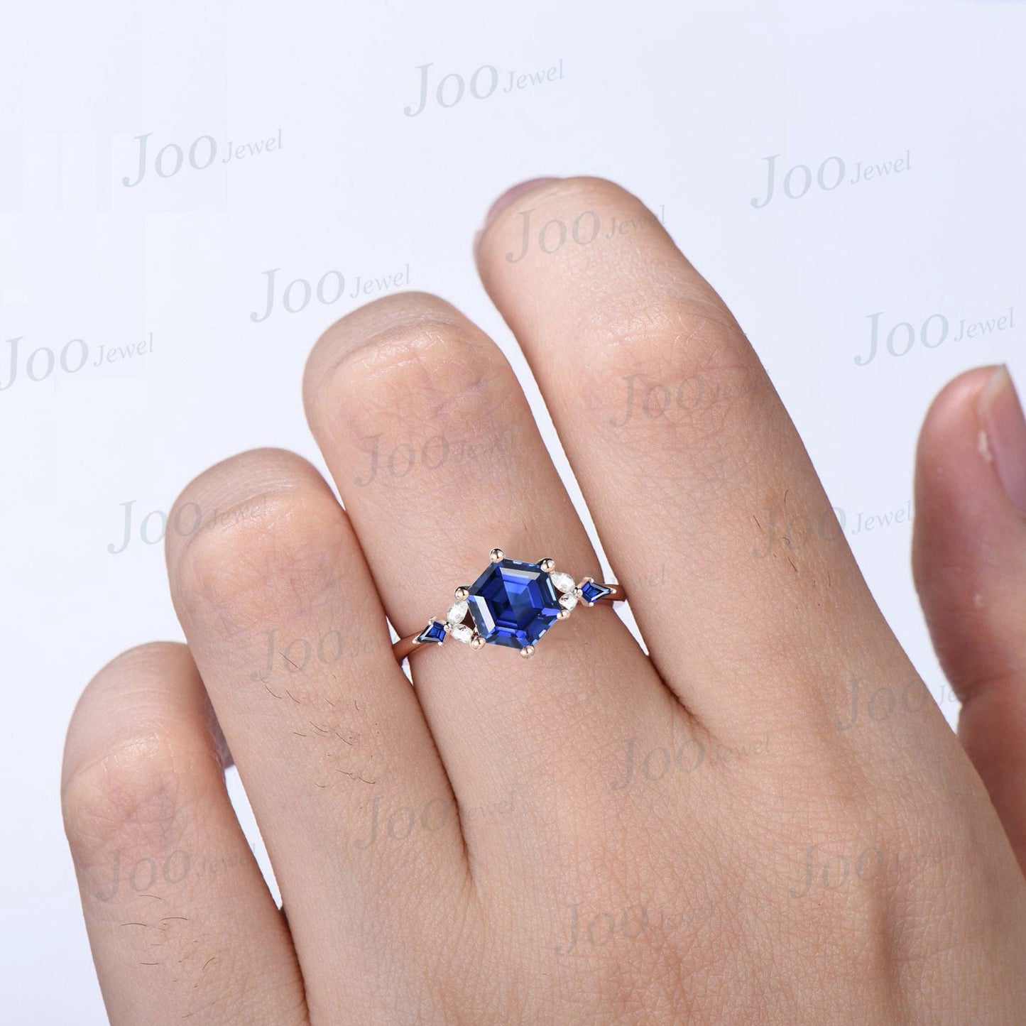 1ct Hexagon Blue Sapphire Engagement Ring Cluster Pear Moissanite Kite Sapphire Wedding Ring September Birthstone Gift Unique Promise Rings