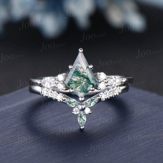 Vintage Kite Cut Green Moss Agate Engagement Ring Set 14k White Gold Marquise Moissanite Ring For Women Unique Moss Bridal Wedding Ring Set