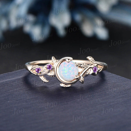 Nature Inspired White Fire Opal Engagement Ring 14K Solid Gold Moon Star Design Round Opal Amethyst Ring Branch Leaf Vine Opal Wedding Ring