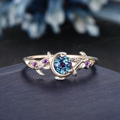 Nature Inspired Color-Change Alexandrite Engagement Ring 14K Gold Moon Star Design Round Alexandrite Amethyst Ring Branch Leaf Wedding Ring