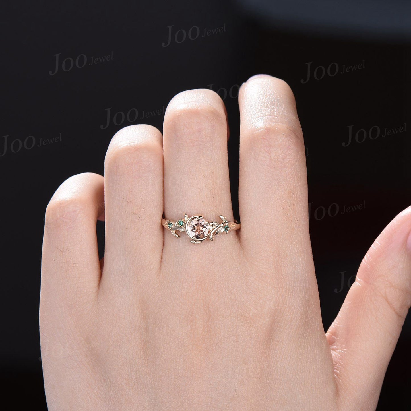 14K Solid Gold Round Cut Natural Morganite Ring Nature Inspired Engagement Ring Moon Star Wedding Ring Branch Leaf Vine Green Emerald Ring