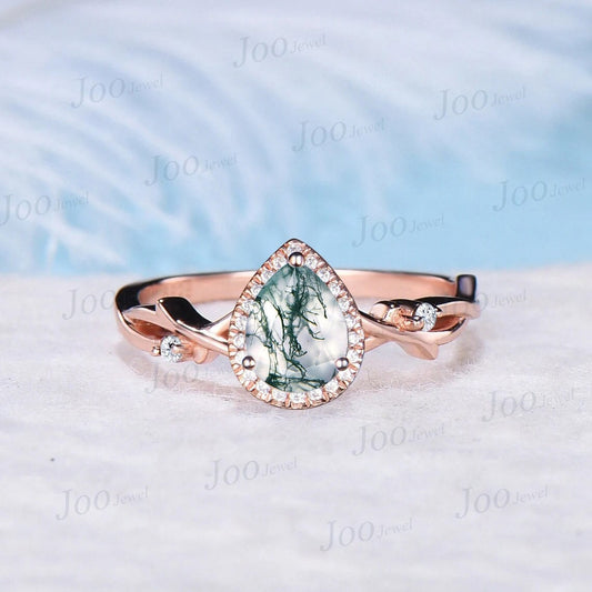 Nature Inspired Halo Moss Agate Ring Pear Wedding Ring 14K Rose Gold Twig Vine Cluster Moissanite Diamond Ring Unique Anniversary Gift Women