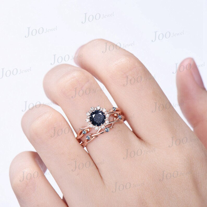 Nature Inspired Round Galaxy Blue Sandstone Halo Engagement Ring Cluster Twig Vine  Alexandrite Ring Unique Anniversary/Promise Gifts Women
