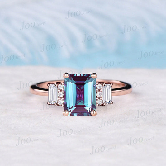 2ct Emerald Cut Alexandrite Rings Unique Color Change Gemstone Jewelry Baguette Round Moissanite Ring Unique June Birthstone Wedding Rings