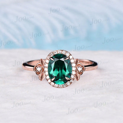 Oval Cut Green Emerlad Nature Engagement Ring Halo Wedding Ring 14K Rose Gold Leaf Flower Moissanite Diamond Ring Unique Anniversary Gifts