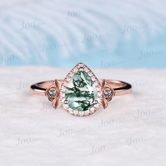 Pear Cut Moss Agate Engagement Ring Halo Wedding Ring 14K Rose Gold Leaf Flower Cluster Moissanite Alexandrite Ring Unique Anniversary Gifts