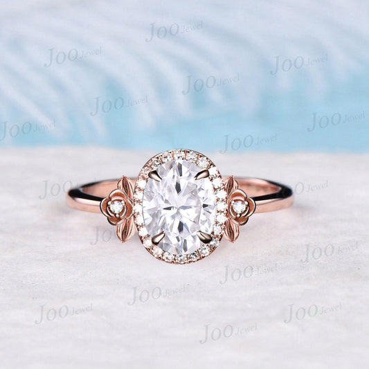 Oval Cut Moissanite Halo Wedding Ring Nature Inspired Engagement Ring 14K Rose Gold Leaf Flower Moissanite Diamond Ring Unique Promise Gifts