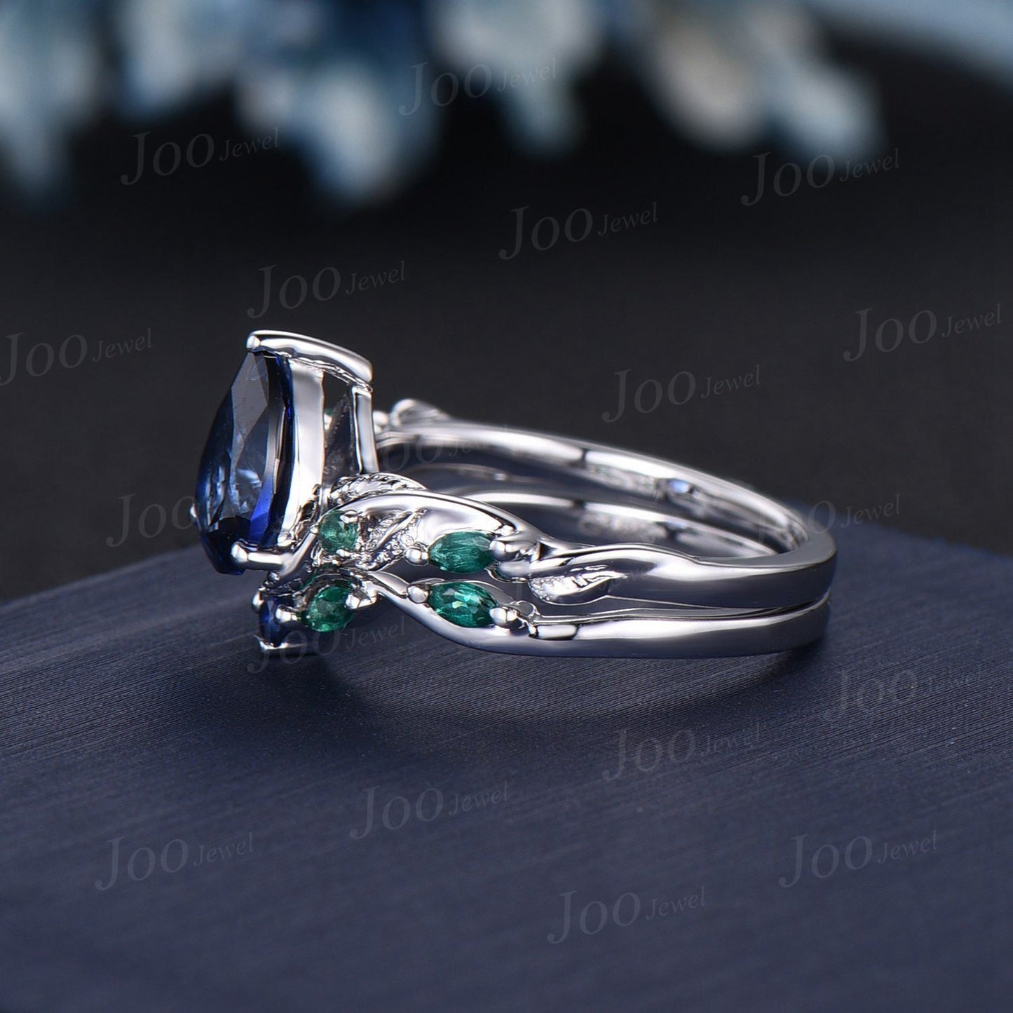 Twig Vine Blue Sapphire Engagement Ring Set Vintage Nature Inspired Pear Cut Blue Sapphire Emerald Promise Ring Antique Noble Gift for Women