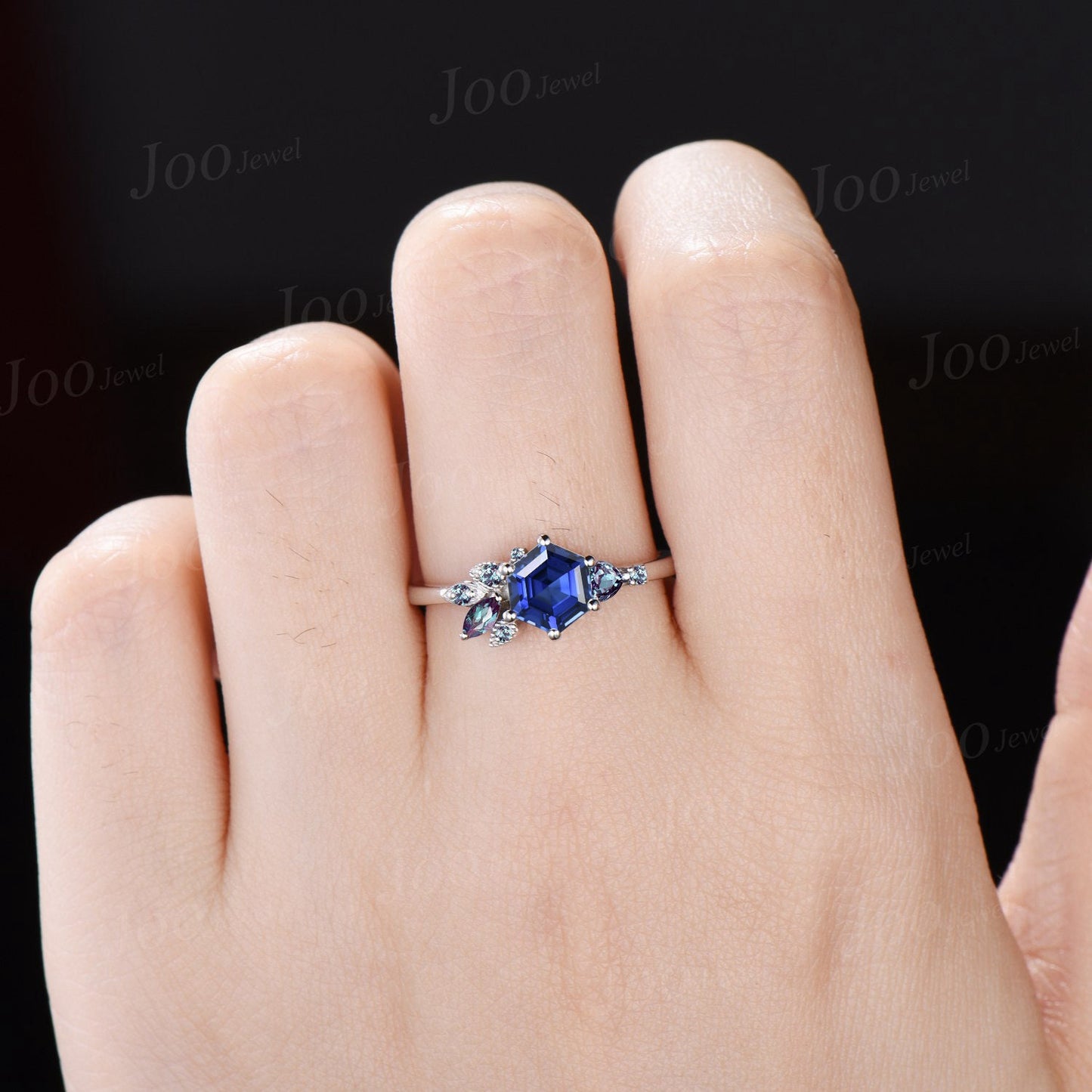 1CT Hexagon Blue Sapphire Engagement Ring 10K Rose Gold Color-Change Alexandrite Wedding Ring Cluster Promise Ring September Birthstone Gift