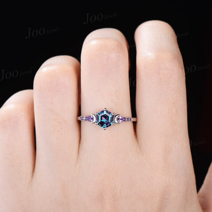1ct Hexagon Color-Change Alexandrite Amethyst Ring Vintage 14K White Gold Unique Moon Engagement Ring for Women Gemstone Anniversary Gifts
