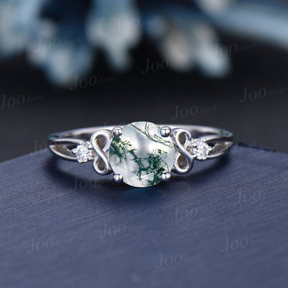 Round Natural Green Moss Agate Engagement Ring Bow Tie Infinity Diamond Wedding Ring Split Shank Band Unique Personalized Anniversary Gifts