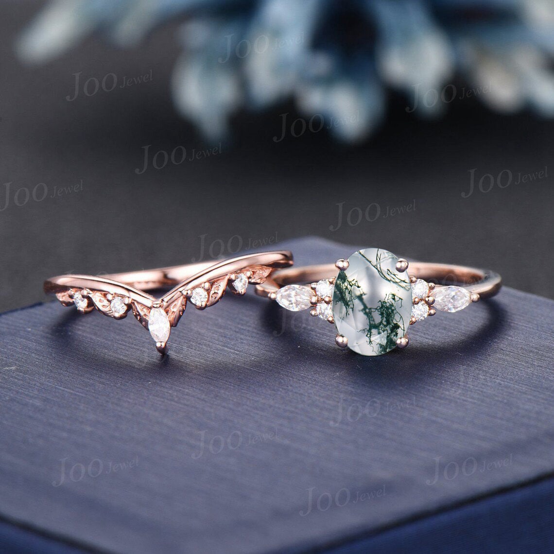 1.5ct Oval Cut Moss Agate Engagement Bridal Ring Set 14K Rose Gold Cluster Moissanite Diamond Ring Twig Vine Branch Wedding Band for Women
