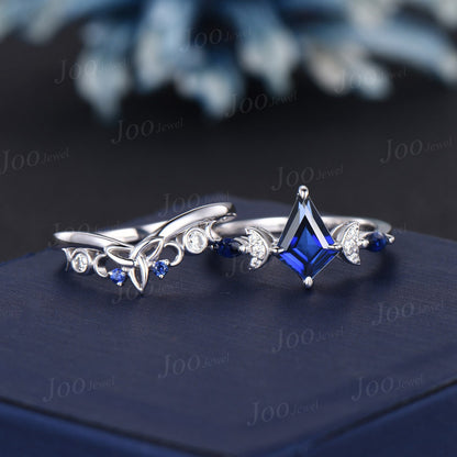 Kite Blue Sapphire Engagement Ring Set White Gold September Birthstone Wedding Ring Trinity Celtic Knot Blue Sapphire Moissanite Bridal Ring