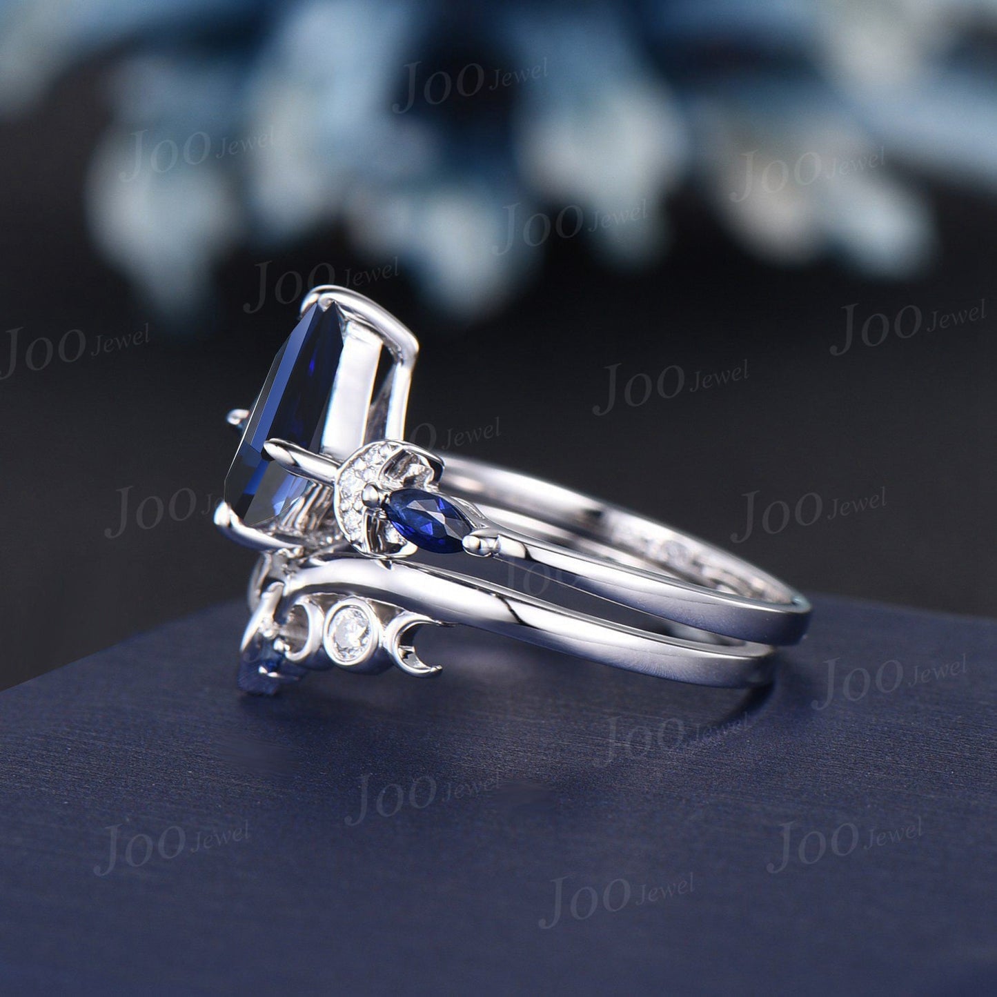 Kite Blue Sapphire Engagement Ring Set White Gold September Birthstone Wedding Ring Trinity Celtic Knot Blue Sapphire Moissanite Bridal Ring