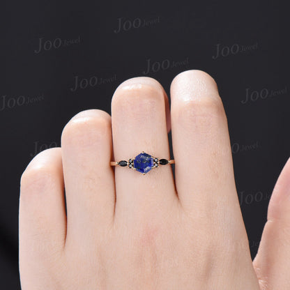 1ct Hexagon Cut Natural Lapis Lazuli Engagement Ring 10K Solid Gold Vintage Lapis Gold Black Spinel Wedding Ring Unique Antique Gift for Her