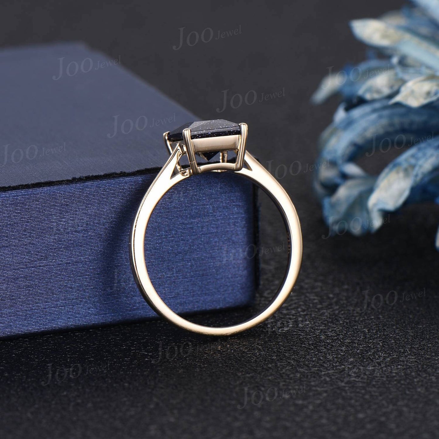 Princess Cut Galaxy Starry Sky Blue Sandstone Engagement Ring Delicate Blue Goldstone Simple Solitaire Wedding Rings Unique Anniversary Gift