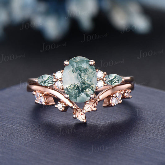 1.5ct Nature Inspired Natural Moss Agate Engagement Rings 10K Rose Gold Oval Bridal Set Cluster Aquatic Agate Leaf Moissanite Wedding Rings