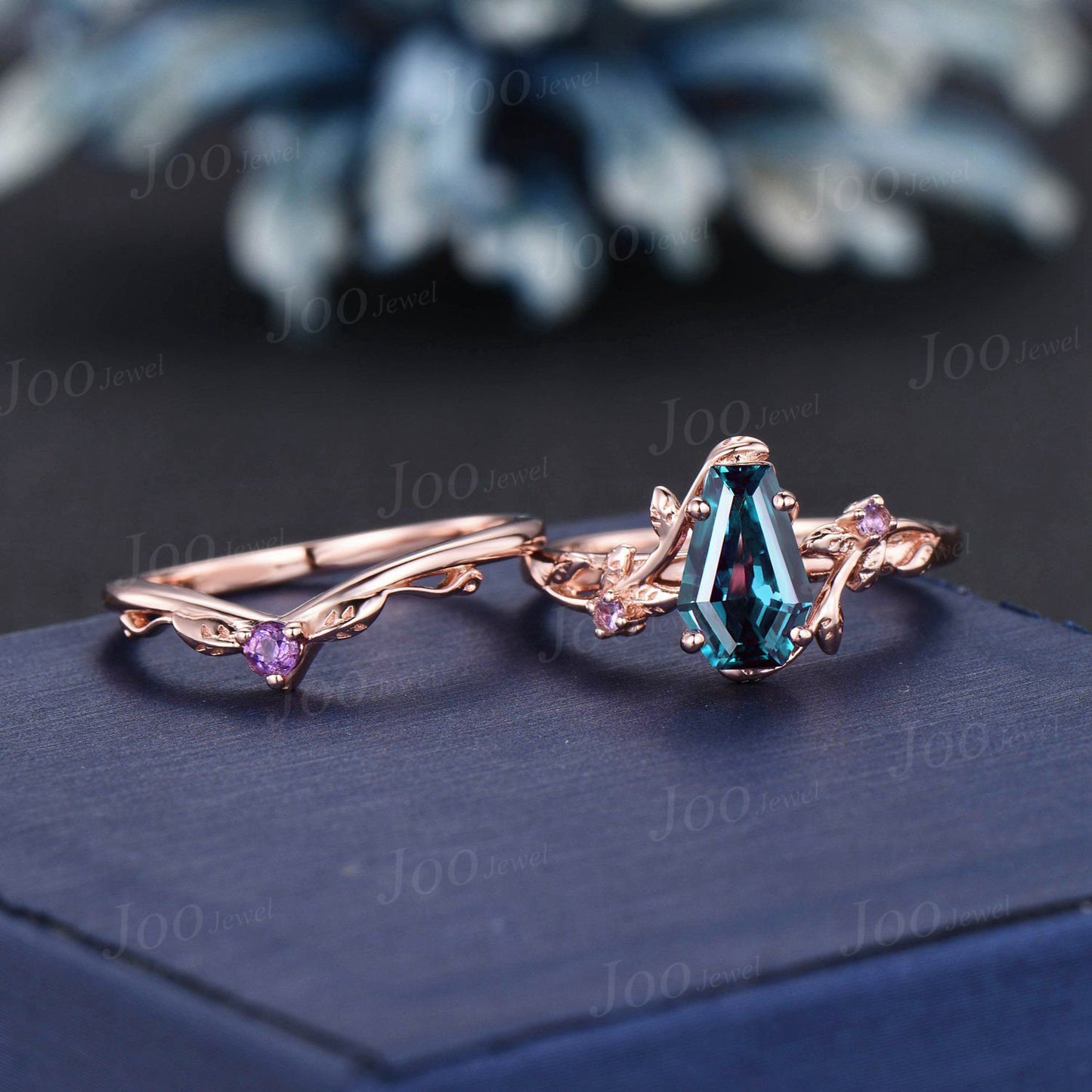 Nature Inspired Coffin Cut Color-Change Alexandrite Engagement Ring Set Long Hexagon Alexandrite Ring Cluster Branch Amethyst Wedding Rings