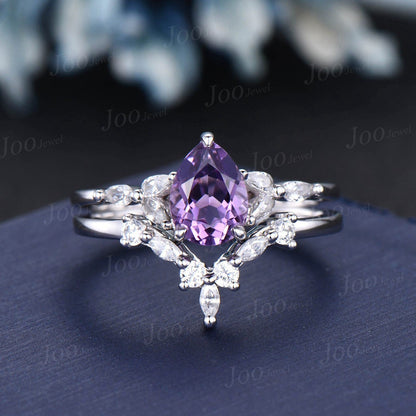 1.25ct Pear Shaped Natural Amethyst Ring Set Silver Platinum Purple Crystal Amethyst Wedding Bridal Ring February Birthstone Jewelry Gifts