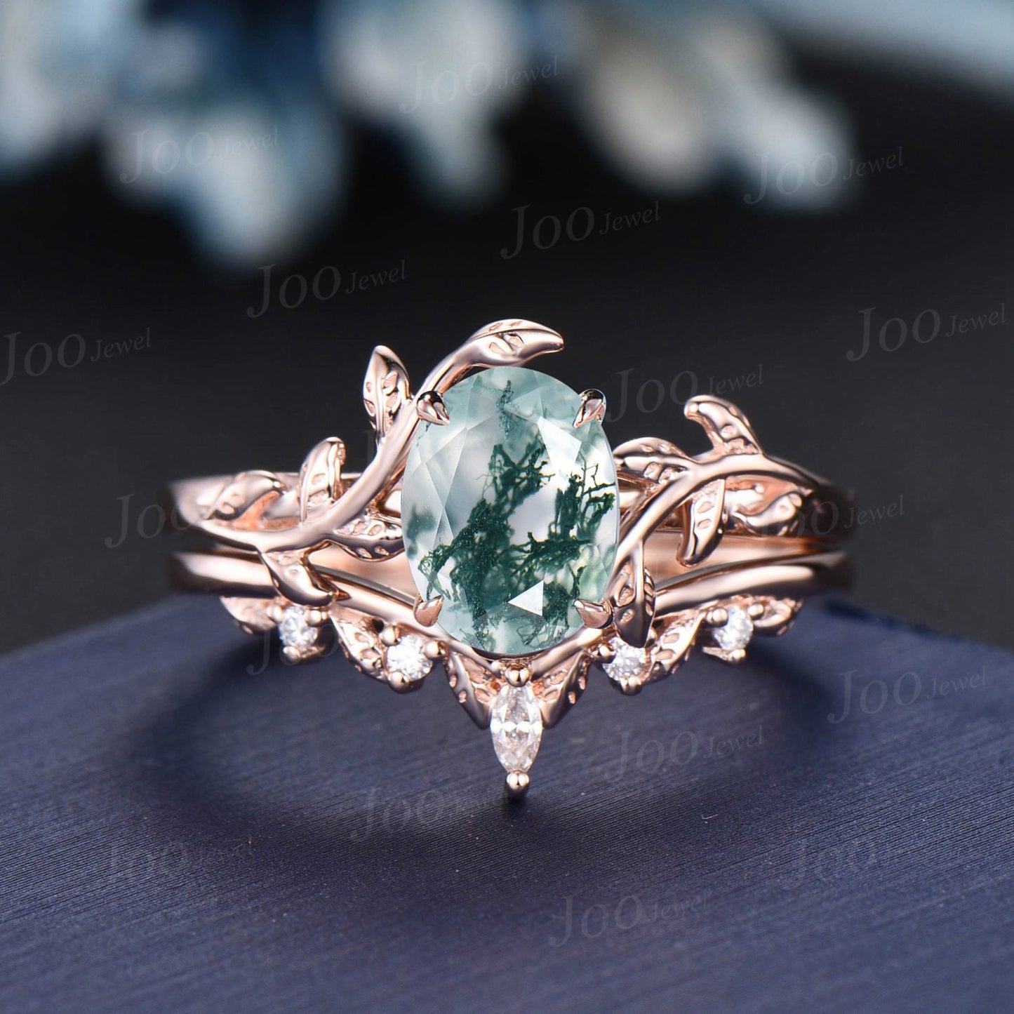 1.5ct Oval Cut Natural Moss Agate Wedding Ring Set Nature Inspired Branch Aquatic Agate Solitaire Ring Leaf Moissanite Ring Anniversary Gift