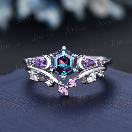 1ct Hexagon Cut Color-Change Alexandrite Amethyst Moon Engagement Ring Set 14K White Gold Branch Leaf Vine Amethyst Moissanite Wedding Ring