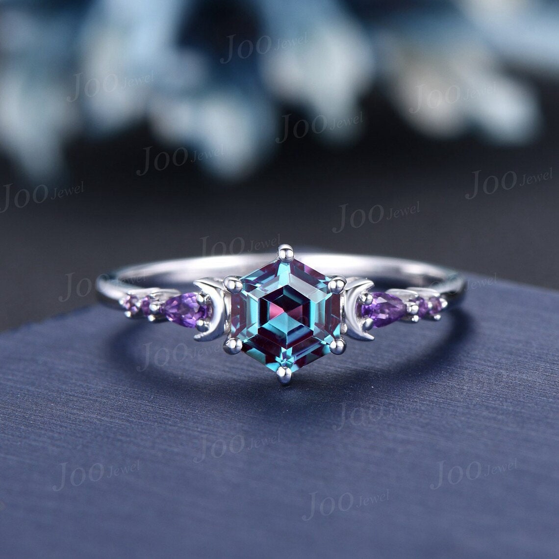 1ct Hexagon Cut Color-Change Alexandrite Amethyst Moon Engagement Ring Set 14K White Gold Branch Leaf Vine Amethyst Moissanite Wedding Ring