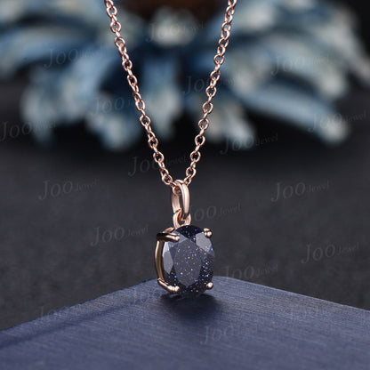 Galaxy Blue Sandstone Pendant Necklace Silver/14K Rose Gold Starry Sky Blue Goldstone Wedding Necklace Unique Dainty Oval Gemstone Necklace