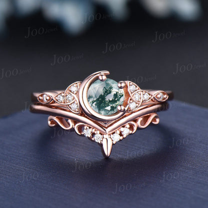 5mm Round Cut Natural Moss Agate Moon Wedding Ring Set Vintage Celtic Knot Trinity Band 10K Rose Gold Moissanite Aquatic Agate Bridal Ring