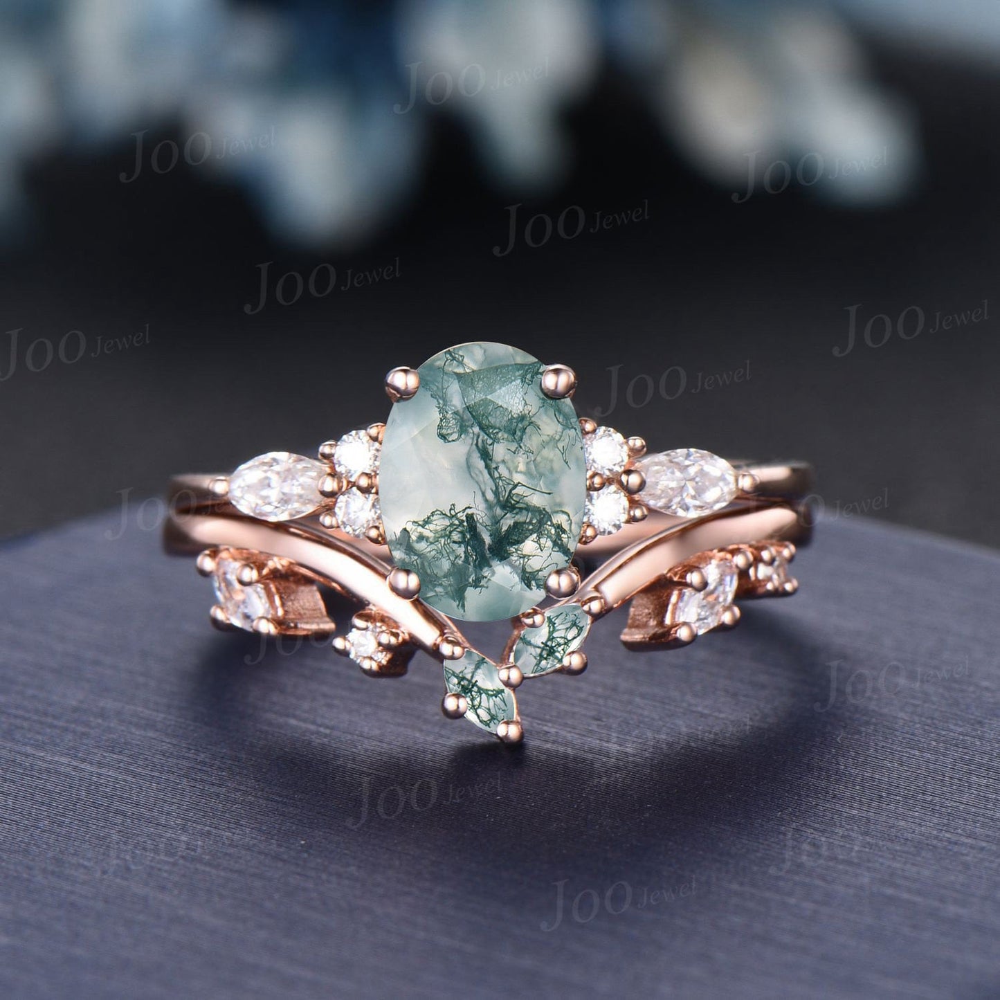 1.5ct Oval Natural Moss Agate Engagement Rings Set Rose Gold Cluster Aquatic Agate Bridal Ring Marquise Leaf Agate Moissanite Wedding Rings