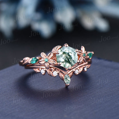 1ct Natural Hexagon Moss Agate Ring Set Vintage Nature Inspired Engagement Ring Floral Green Emerald Ring Flower Leaf Gemstone Promise Rings