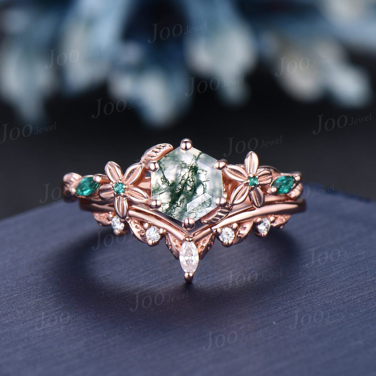 1ct Natural Hexagon Moss Agate Ring Set Vintage Nature Inspired Engagement Ring Floral Green Emerald Ring Flower Leaf Gemstone Promise Rings