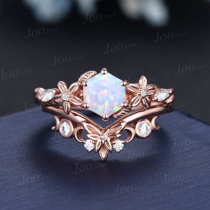 Nature Inspired White Opal Ring Set for Women 14k Rose Gold Branch Floral Moissanite Opal Engagement Ring October Birthstone Jewelry Gifts