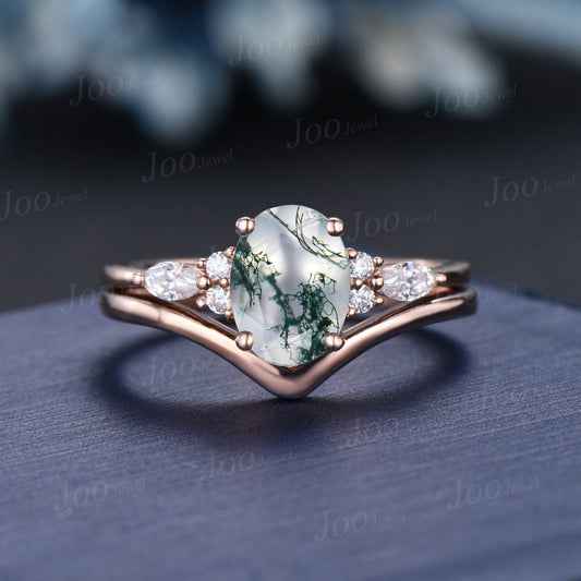 1.5ct Oval Natural Green Moss Agate Engagement Ring Set 14K Rose Gold Cluster Aquatic Agate Moissanite Promise Ring Woman Plain Wedding Band