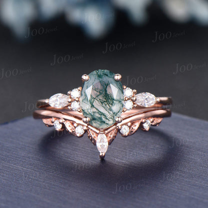 1.5ct Oval Cut Moss Agate Engagement Bridal Ring Set 14K Rose Gold Cluster Moissanite Diamond Ring Twig Vine Branch Wedding Band for Women