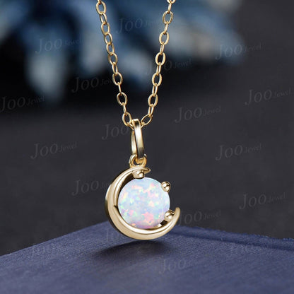 1ct Round White Fire Opal Pendant Necklace Sterling Silver/14K Yellow Gold October Birthstone Wedding Necklace Half Moon Opal Chain Necklace