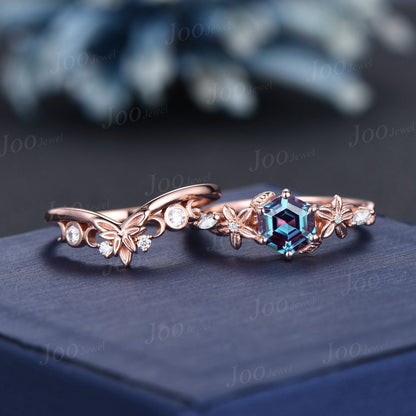1ct Nature Inspired Flower Color-Change Alexandrite Engagement Ring Set 14K Rose Gold Moissanite Wedding Ring June Birthstone Jewelry Gifts