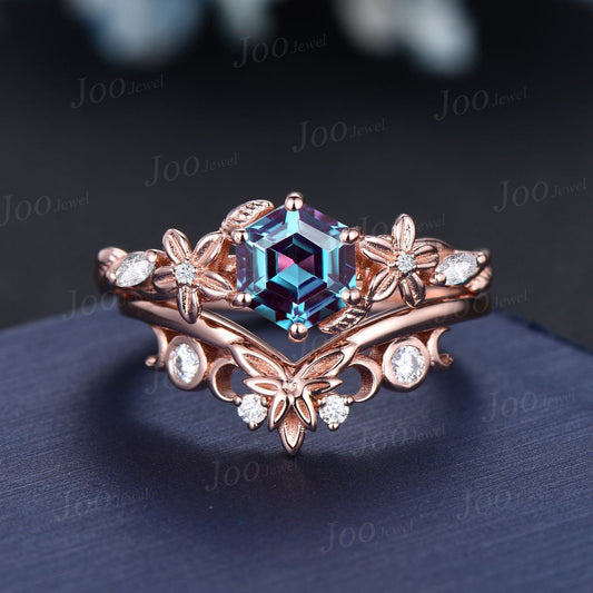 1ct Nature Inspired Flower Color-Change Alexandrite Engagement Ring Set 14K Rose Gold Moissanite Wedding Ring June Birthstone Jewelry Gifts