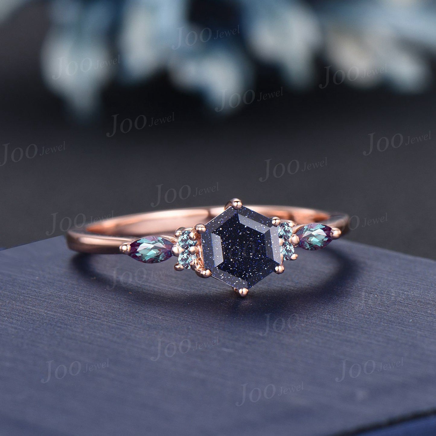 1ct Hexagon Galaxy Blue Sandstone Engagement Ring Vintage Color-Change Alexandrite Wedding Ring Unique Anniversary/Proposal Gift For Women