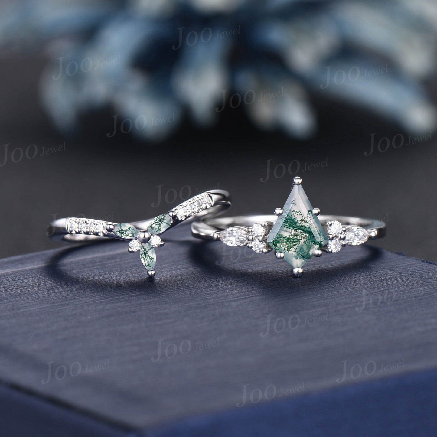 Vintage Kite Cut Green Moss Agate Engagement Ring Set 14k White Gold Marquise Moissanite Ring For Women Unique Moss Bridal Wedding Ring Set