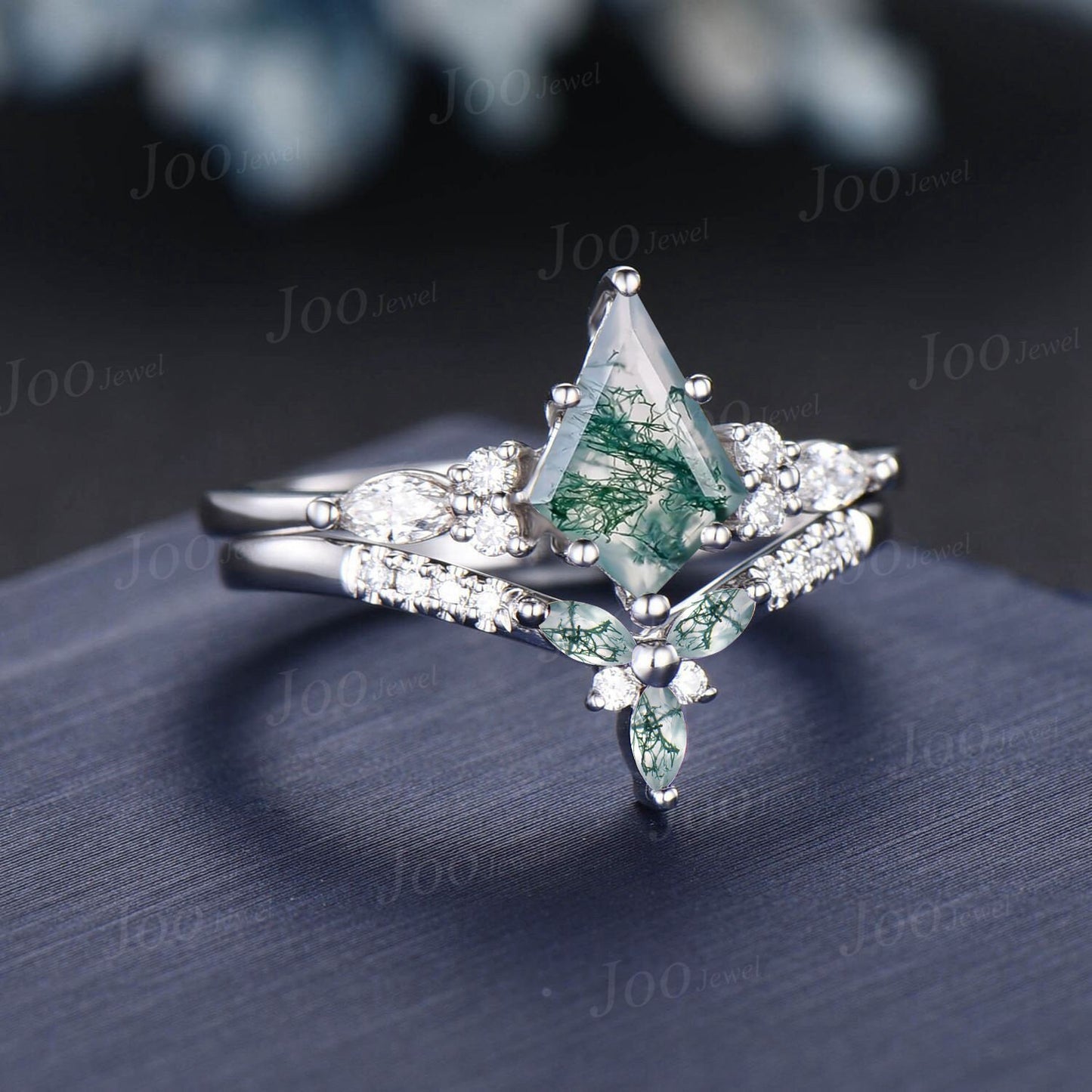 Vintage Kite Cut Green Moss Agate Engagement Ring Set 14k White Gold Marquise Moissanite Ring For Women Unique Moss Bridal Wedding Ring Set