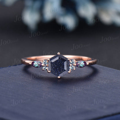 1ct Hexagon Galaxy Blue Sandstone Engagement Ring Vintage Color-Change Alexandrite Wedding Ring Unique Anniversary/Proposal Gift For Women